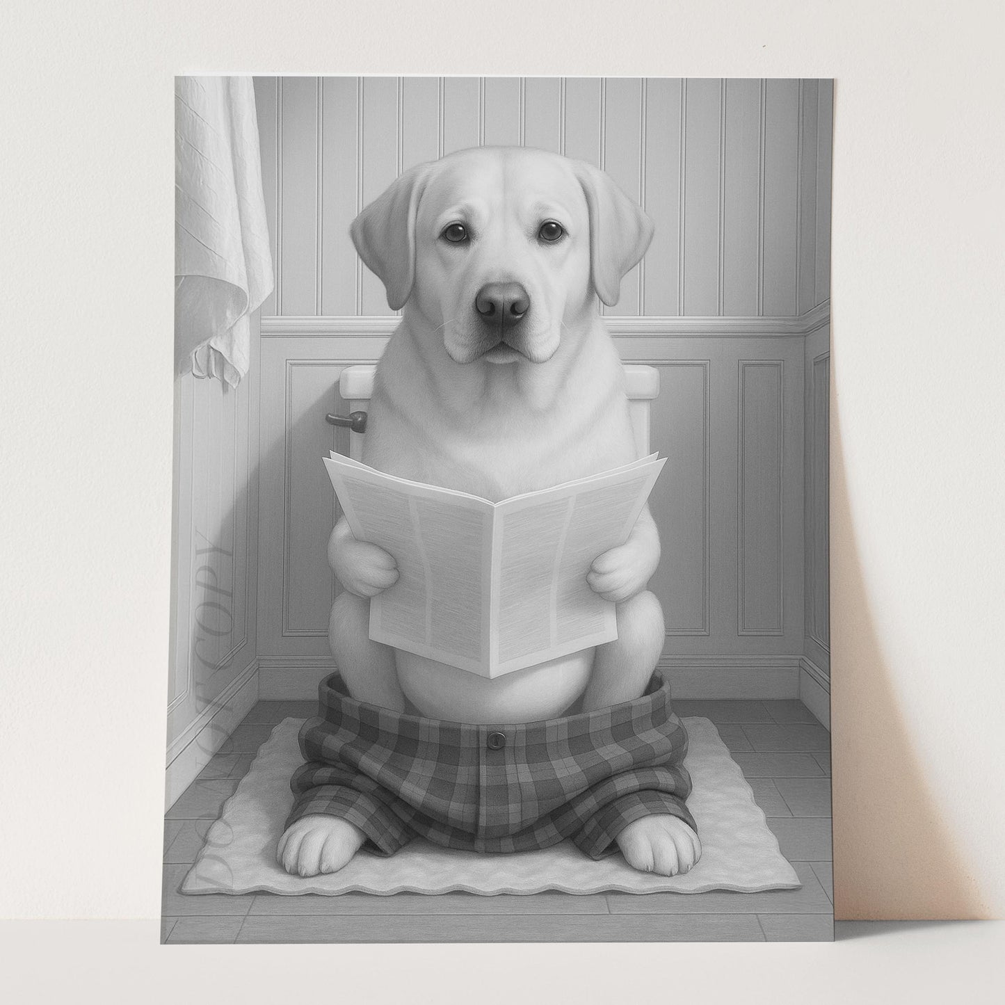 Yellow Labrador Retriever Dog Reading The Newspaper On The Toilet