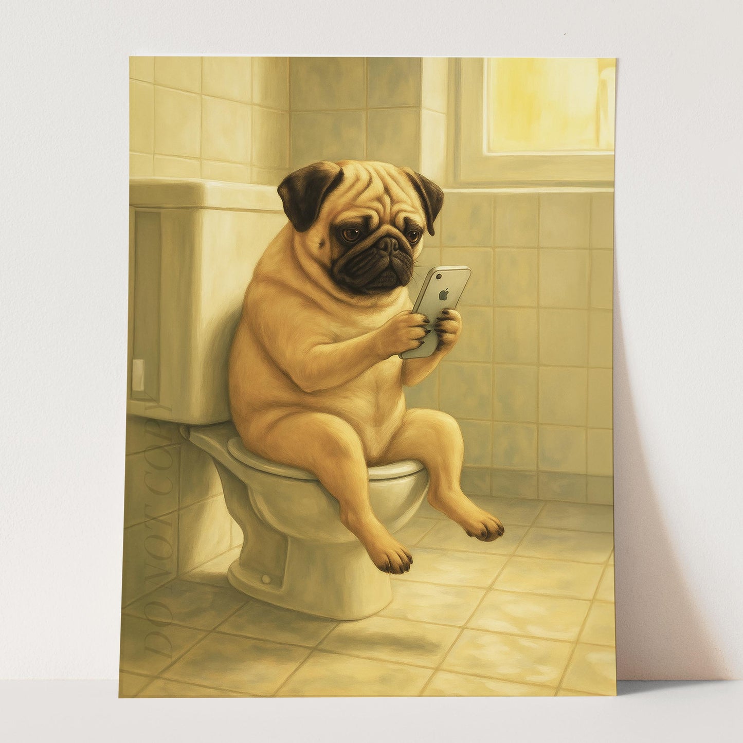 Pug Dog On The Phone On The Toilet