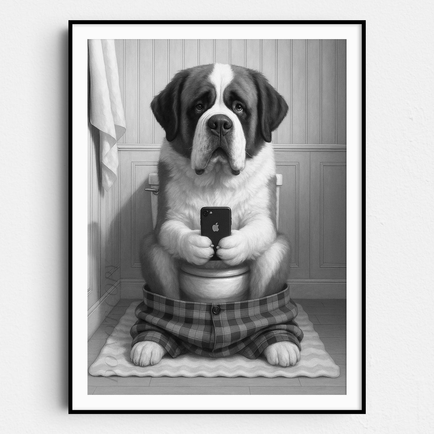 Saint Bernard Dog On The Phone On The Toilet