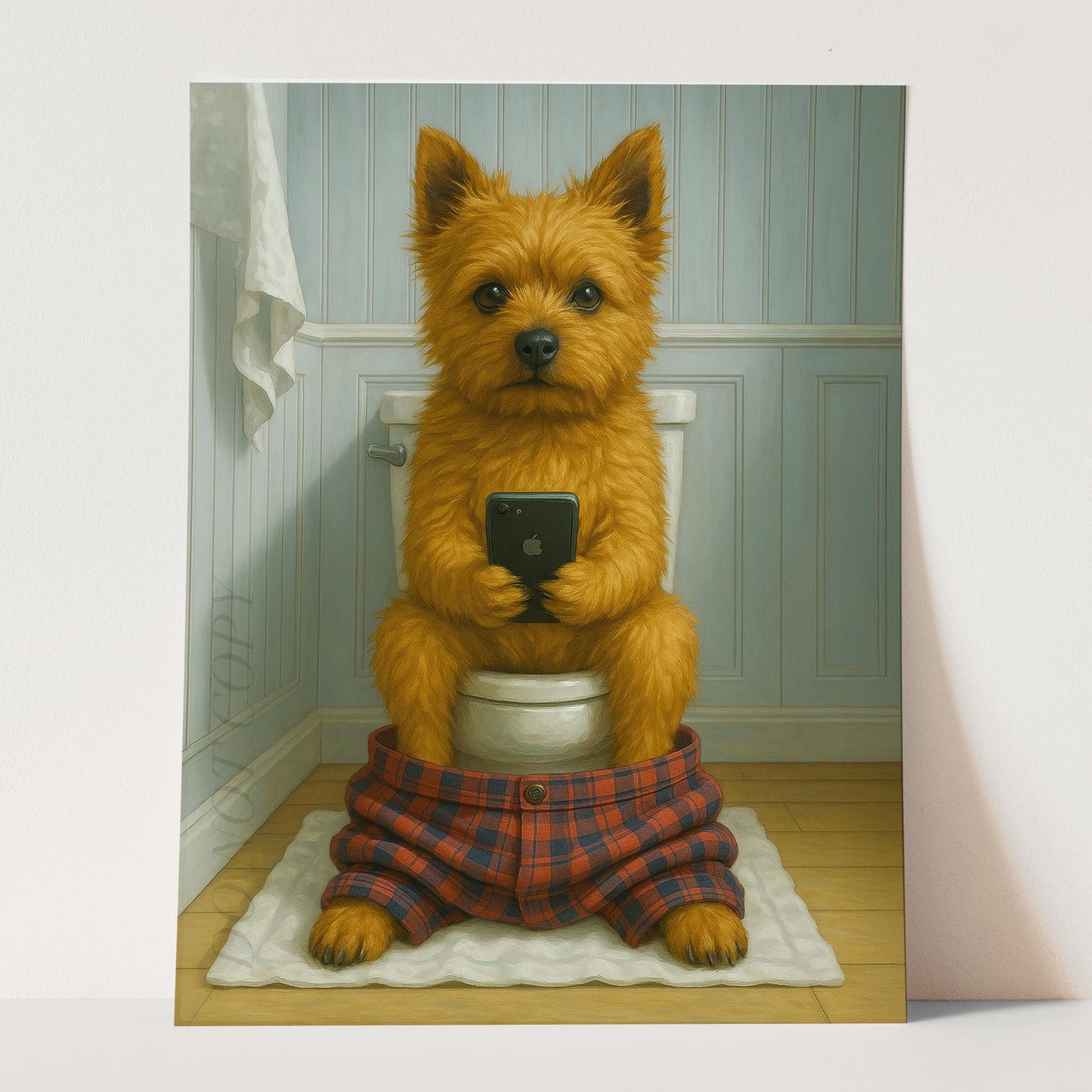 Norwich Terrier Dog On The Phone On The Toilet