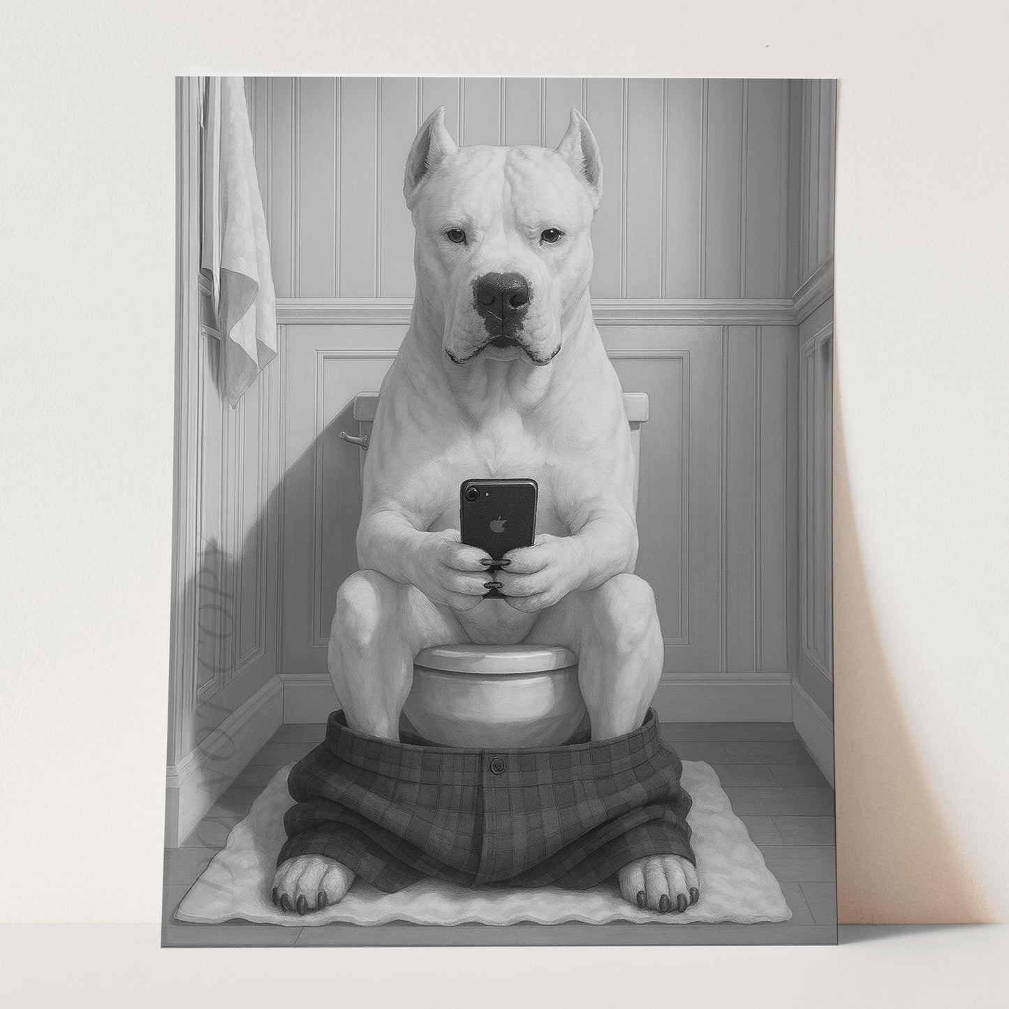 Dogo Argentino On The Phone On The Toilet