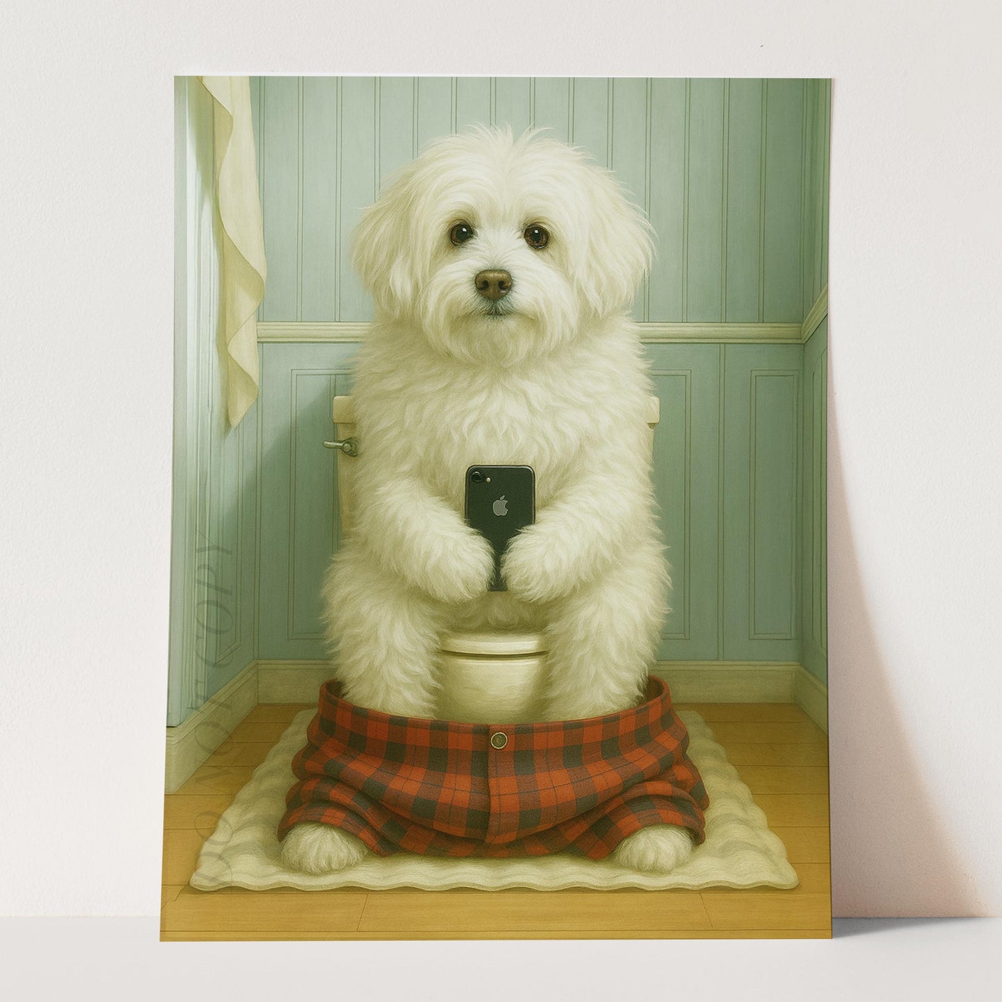 Coton de Tulear Dog On The Phone On The Toilet