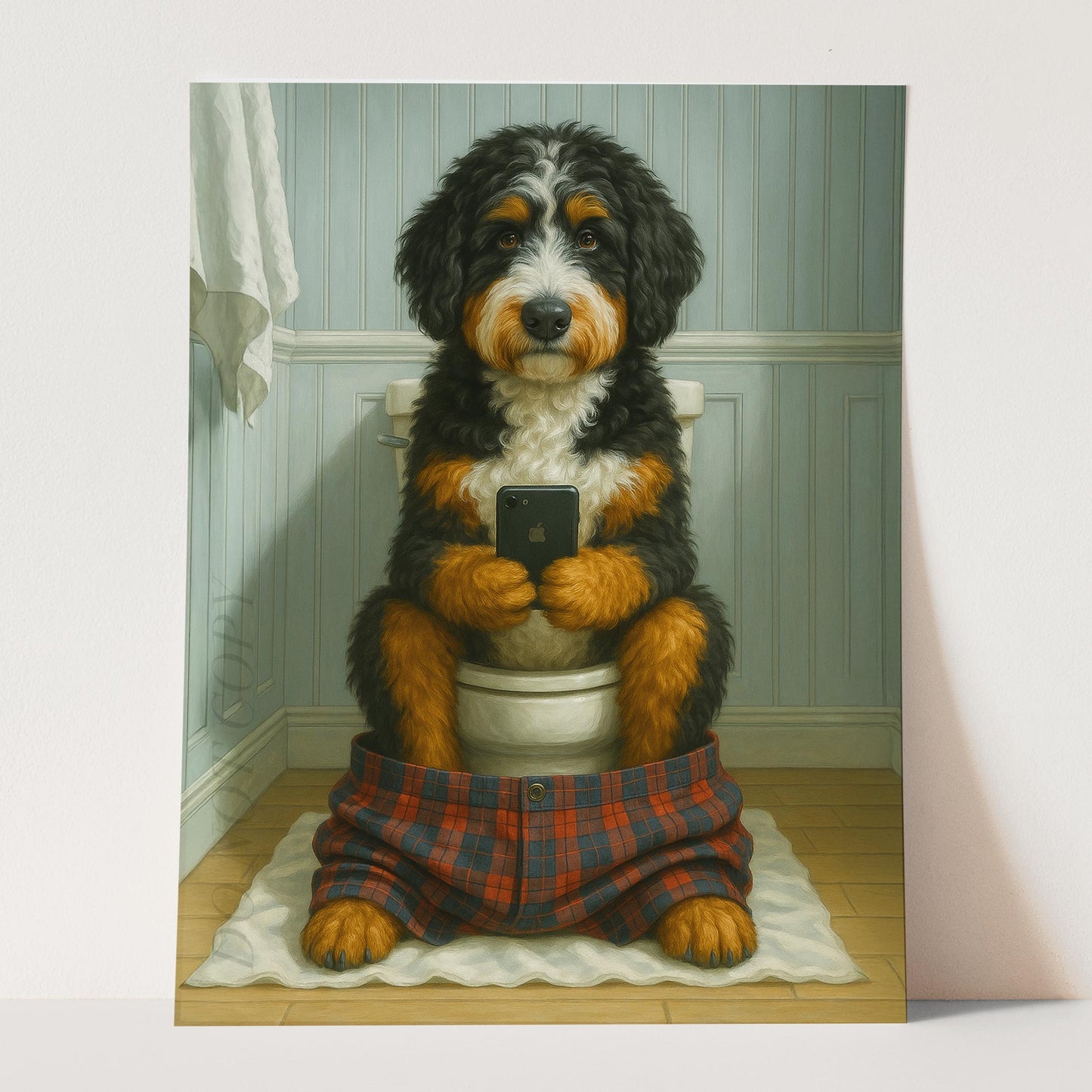 Bernedoodle Dog On The Phone On The Toilet