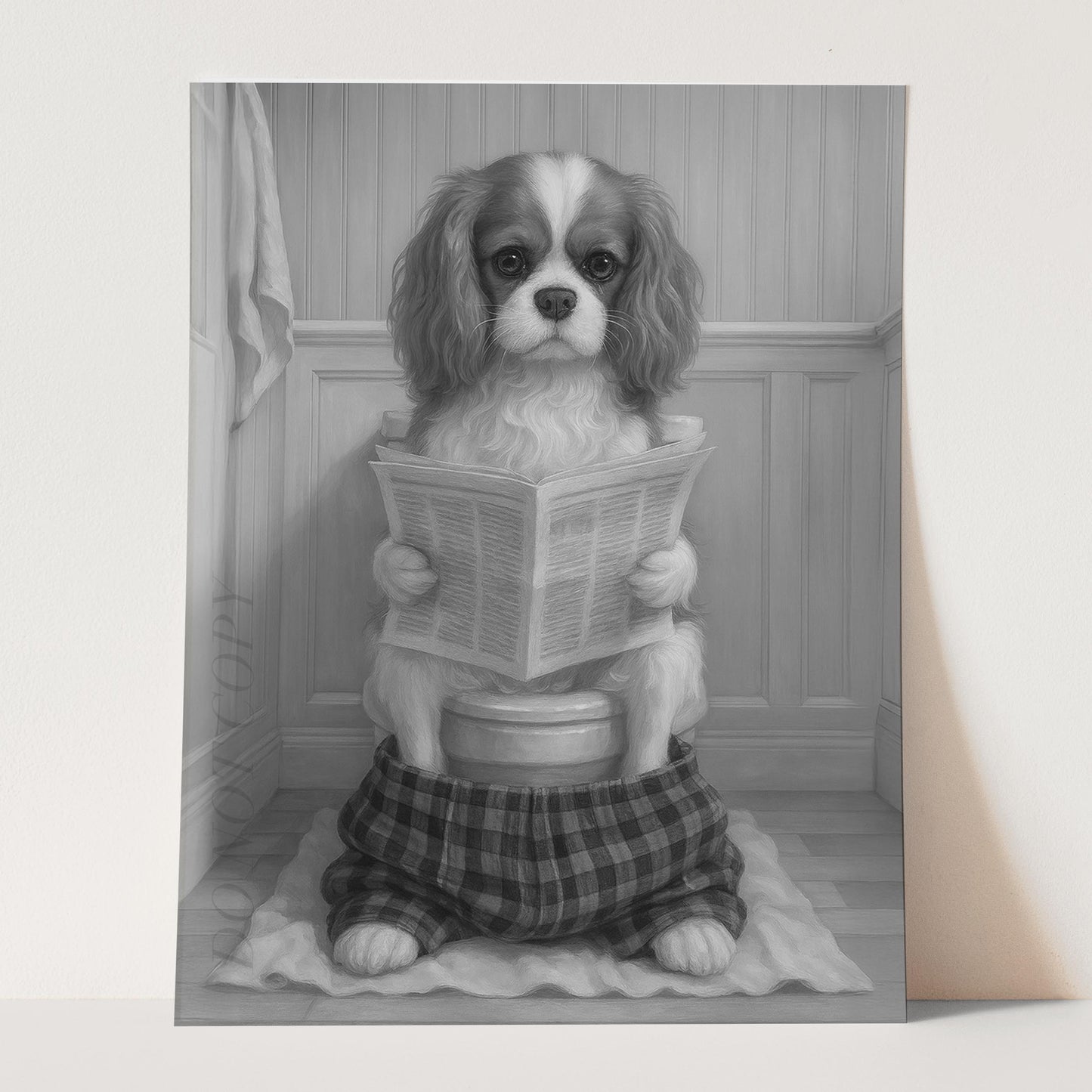 Cavalier King Charles Spaniel Dog Reading The Newspaper On The Toilet