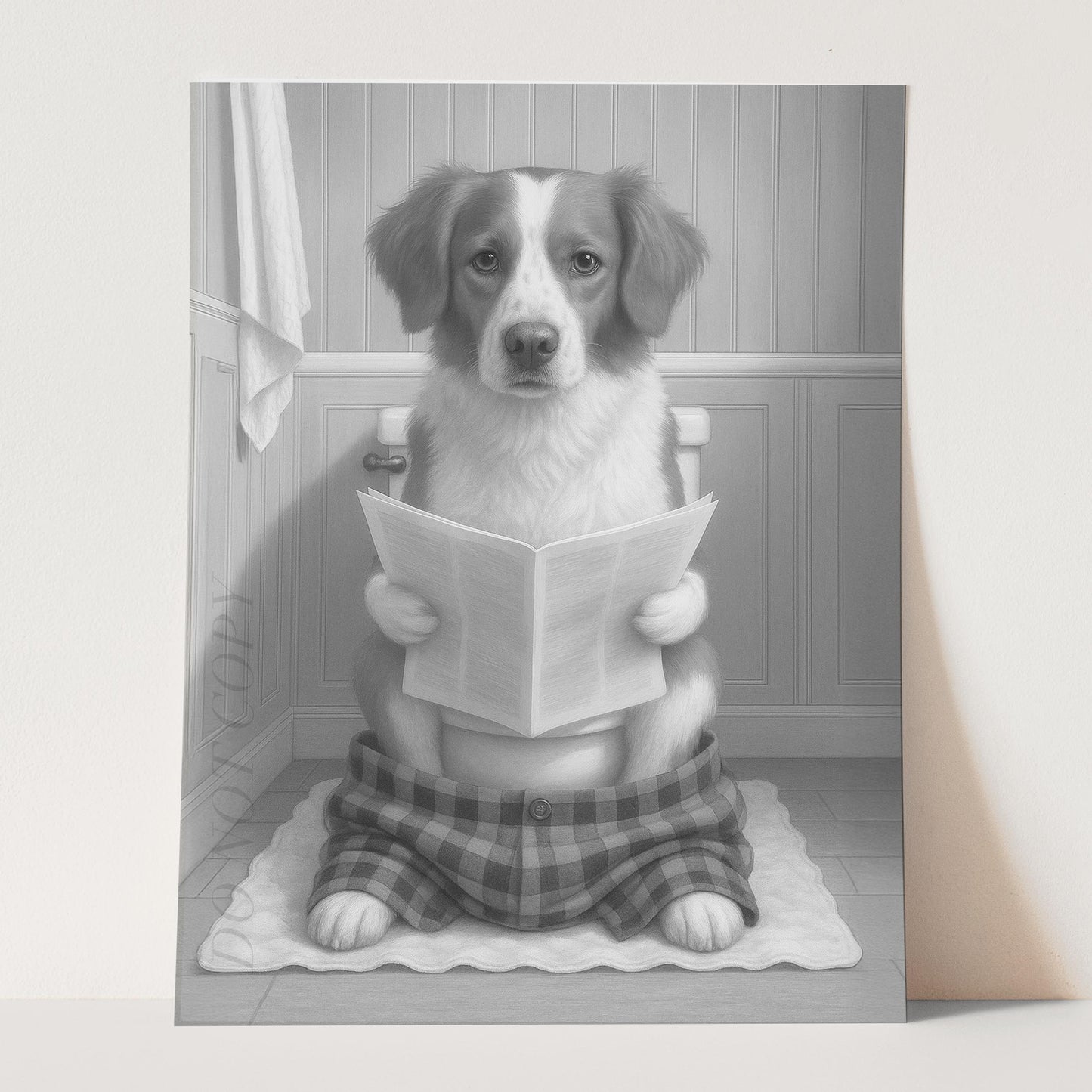 Brittany Dog Reading The Newspaper On The Toilet