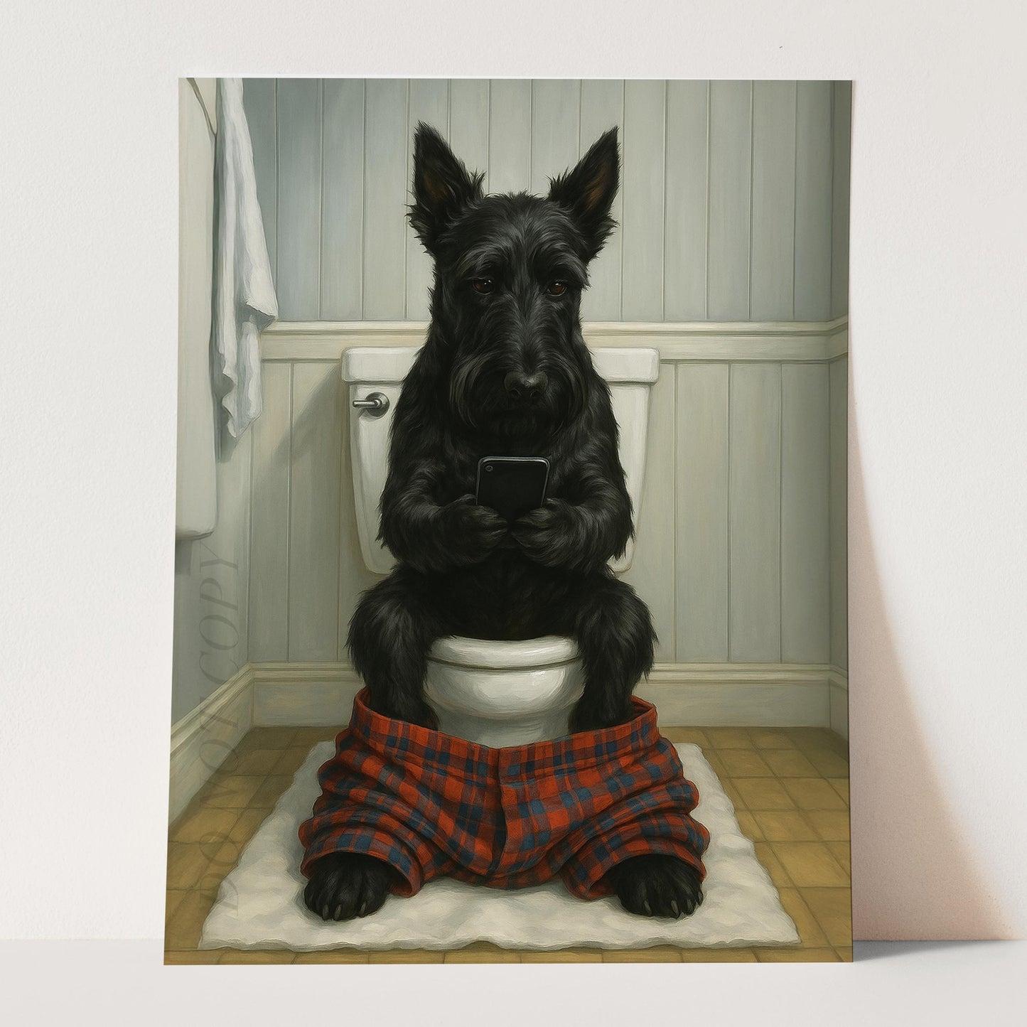 Scottish Terrier Dog On The Phone On The Toilet