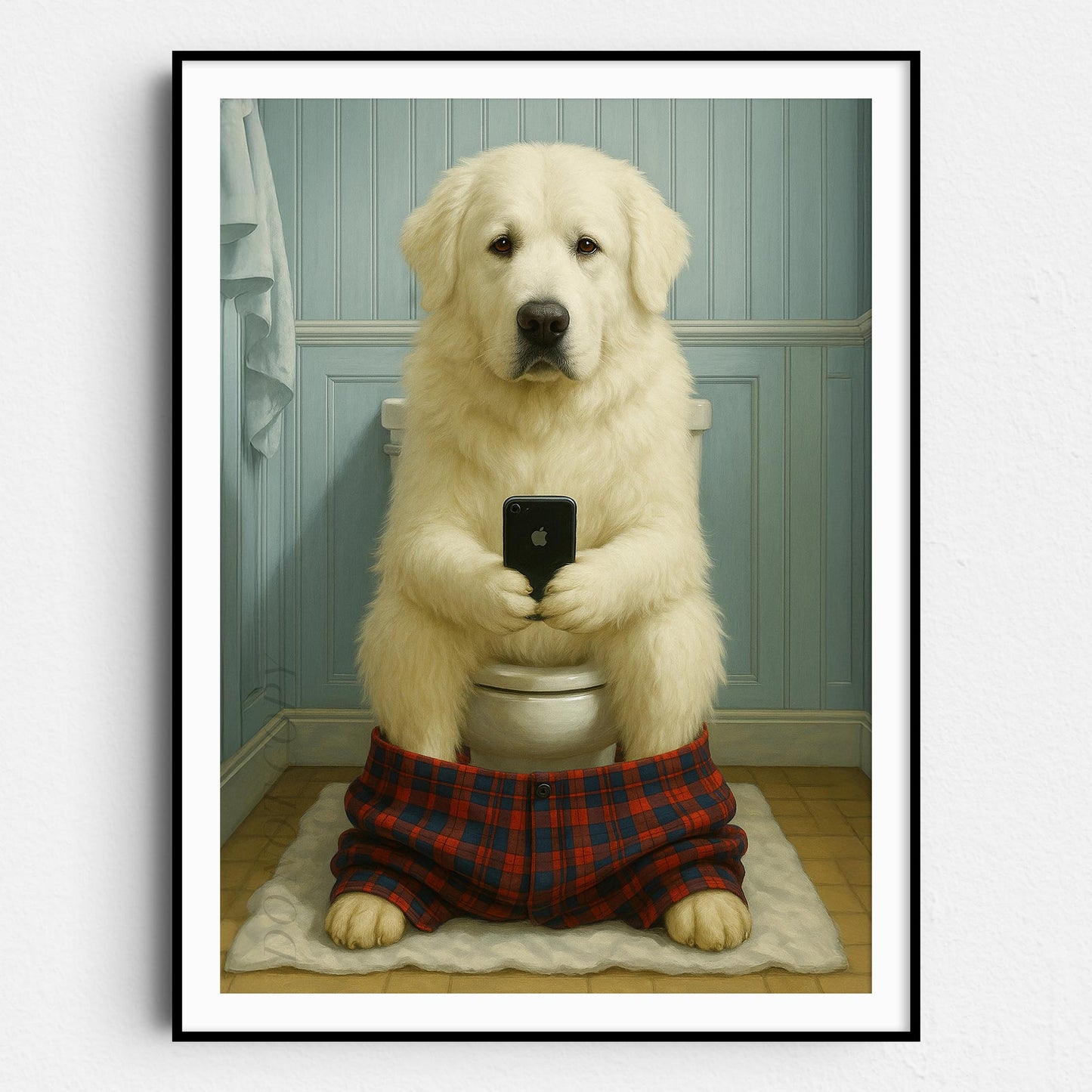 Great Pyrenees Dog On The Phone On The Toilet
