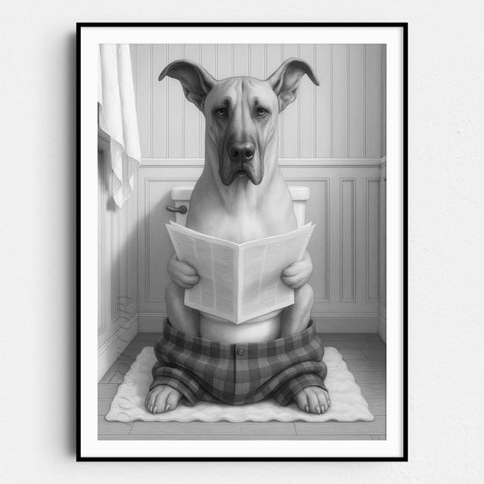 Great Dane Dog Reading The Newspaper On The Toilet