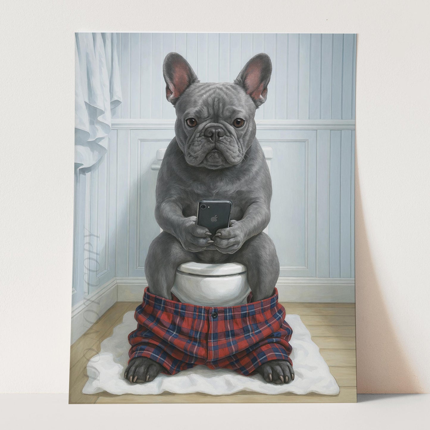 Grey French Bulldog On The Phone On The Toilet