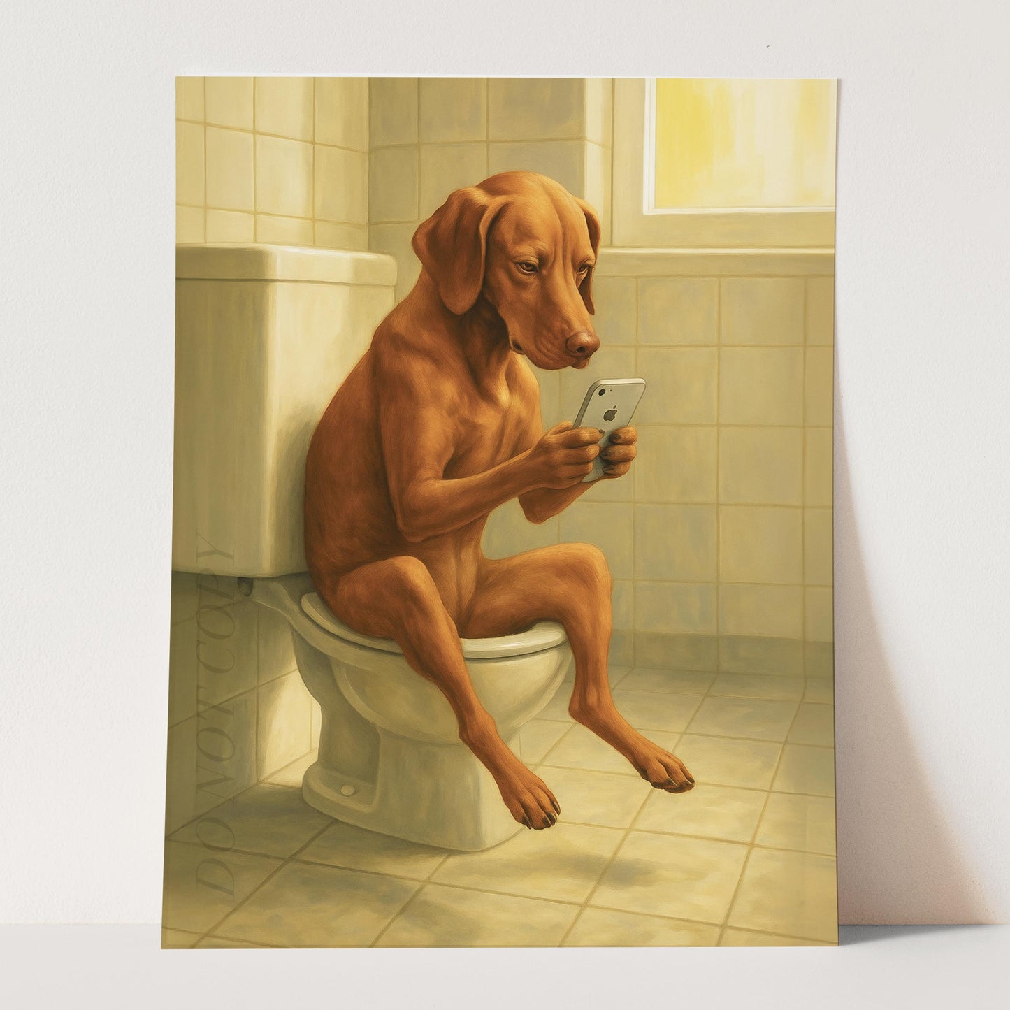 Vizsla Dog On The Phone On The Toilet