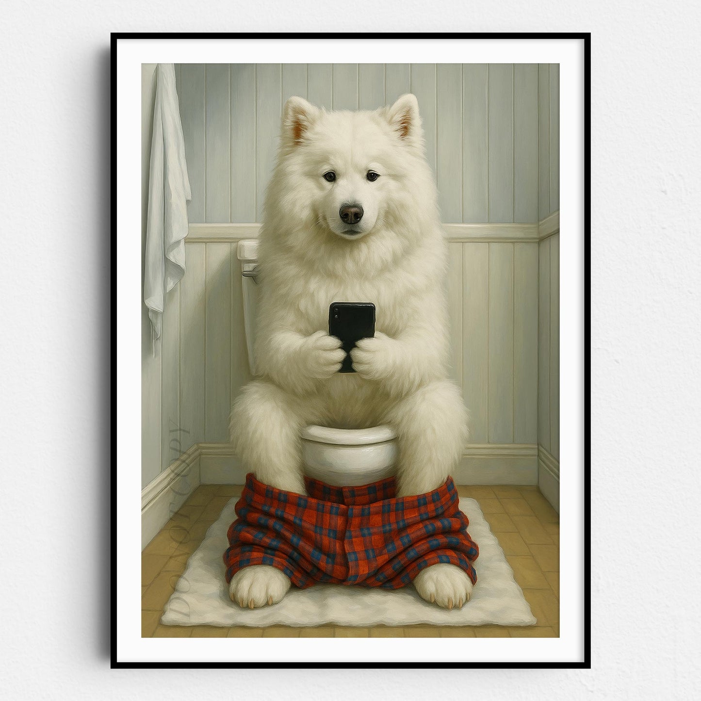 Samoyed Dog On The Phone On The Toilet