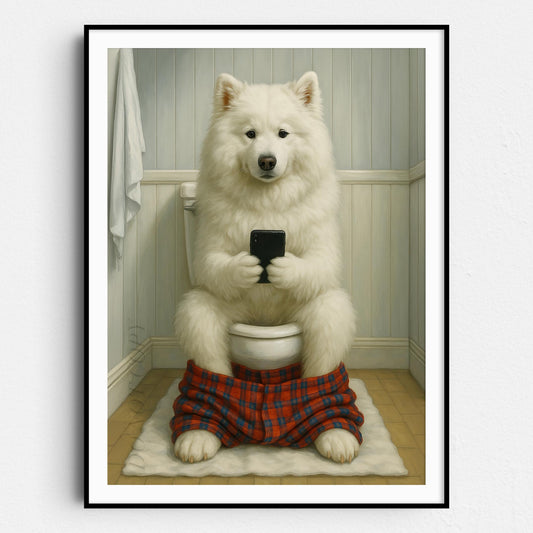 Samoyed Dog On The Phone On The Toilet