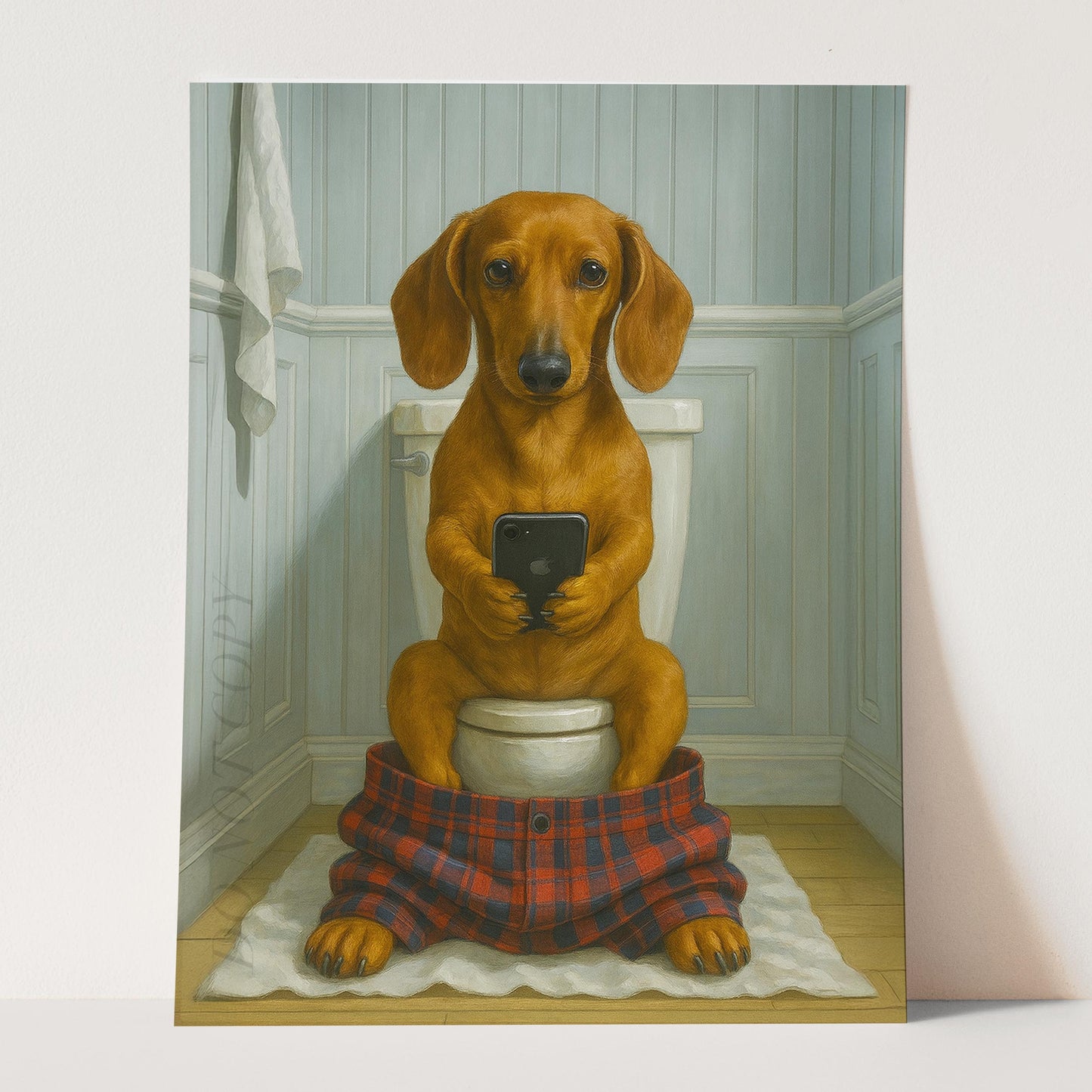 Dachshund Dog On The Phone On The Toilet