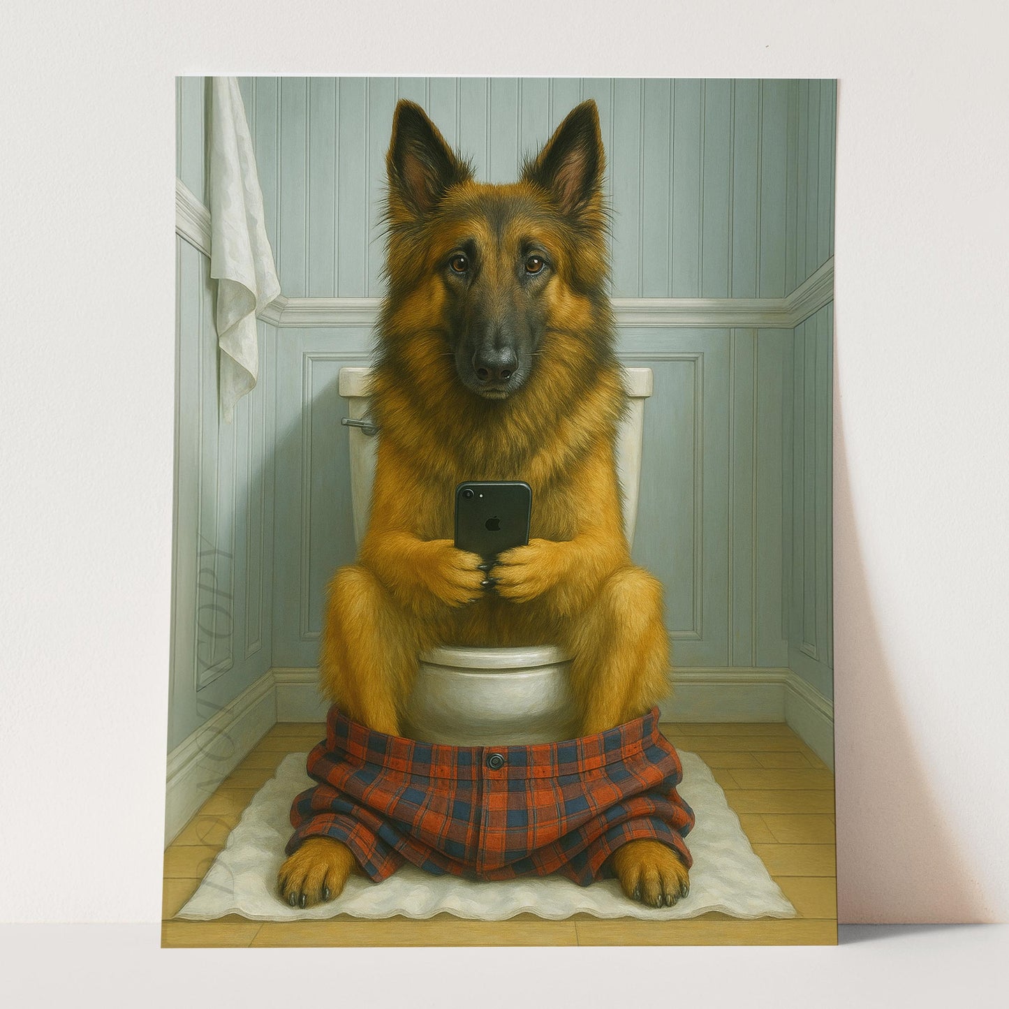 Belgian Tervuren Dog On The Phone On The Toilet
