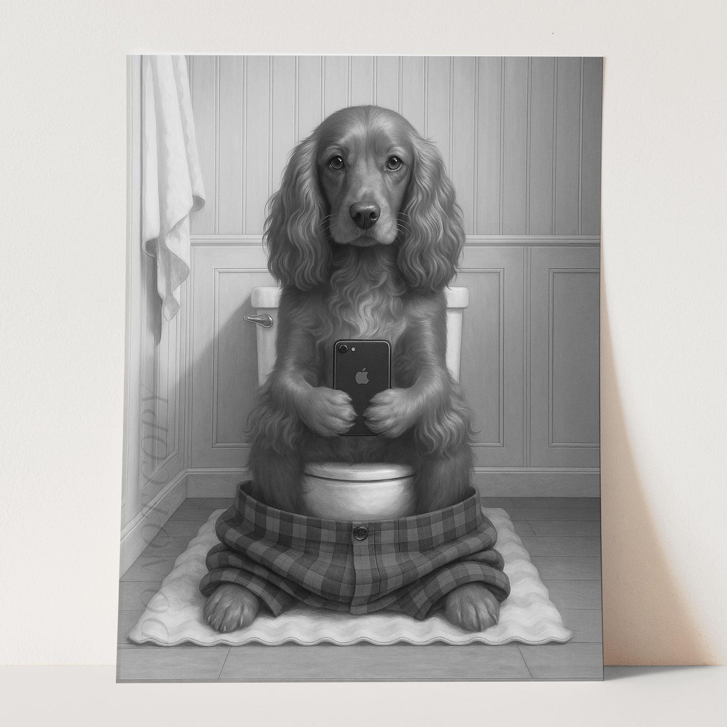 English Cocker Spaniel Dog On The Phone On The Toilet