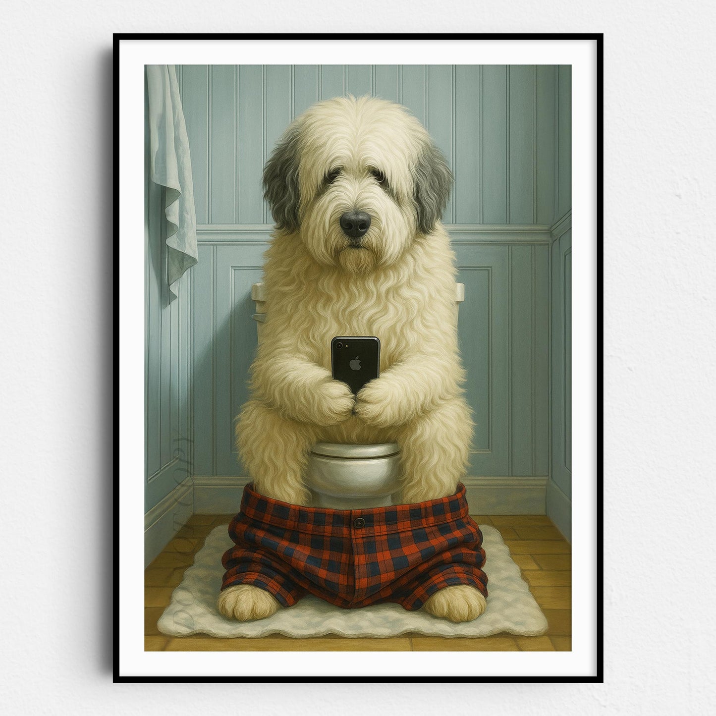 Old English Sheepdog On The Phone On The Toilet