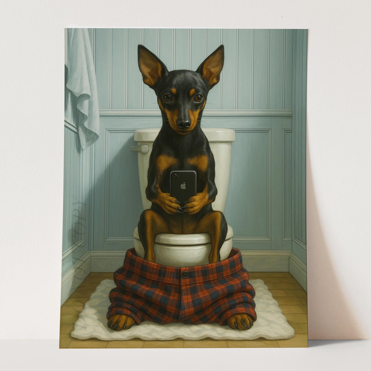 Miniature Pinscher Dog On The Phone On The Toilet
