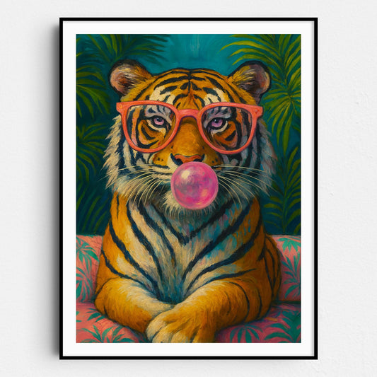 Tiger Pink Sunglasses Blowing Bubble Gum