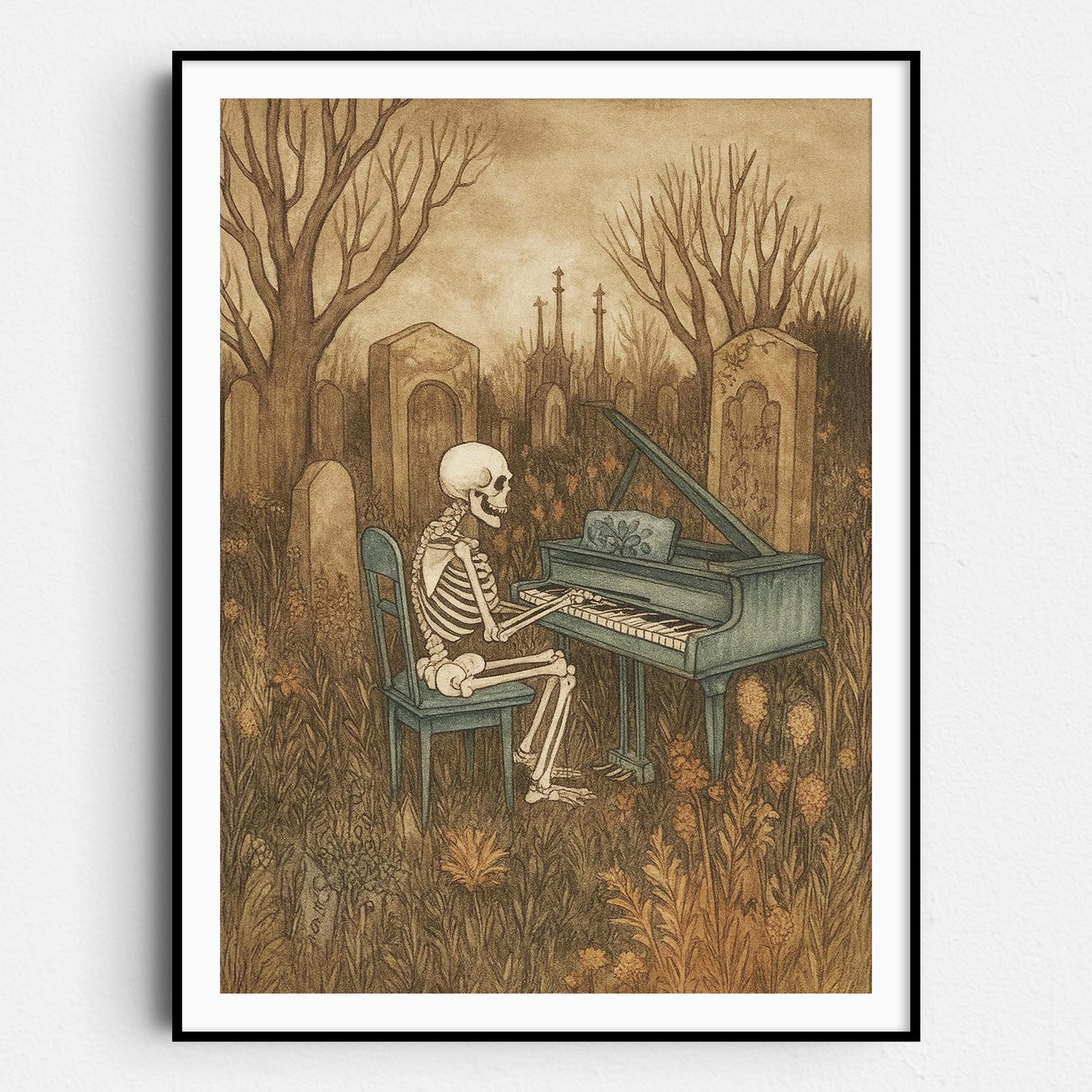 Skeleton Playing The Piano In A Graveyard