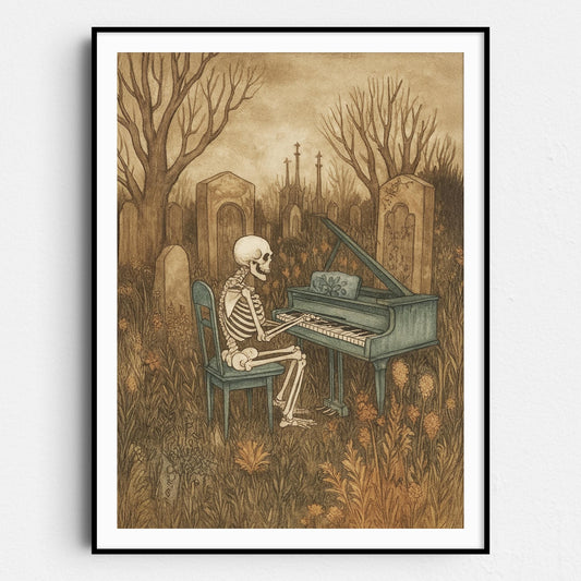 Skeleton Playing The Piano In A Graveyard