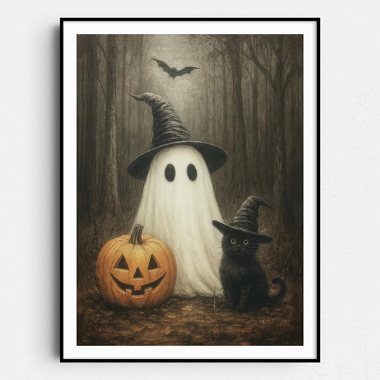 Ghost With A Pumpkin And Black Cat