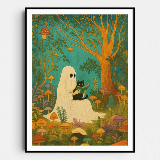 Ghost Reading With A Black Cat In A Mushroom Forest