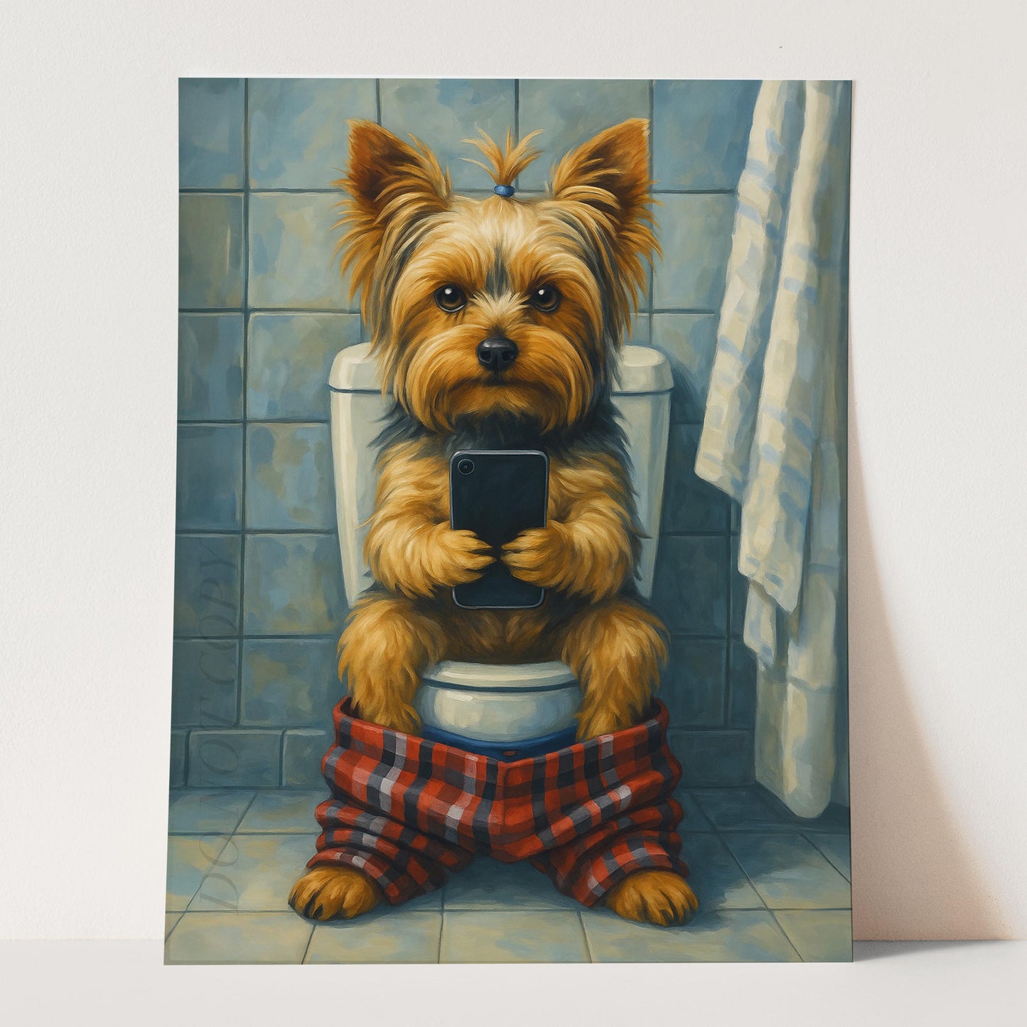 Yorkshire Terrier On The Phone On The Toilet