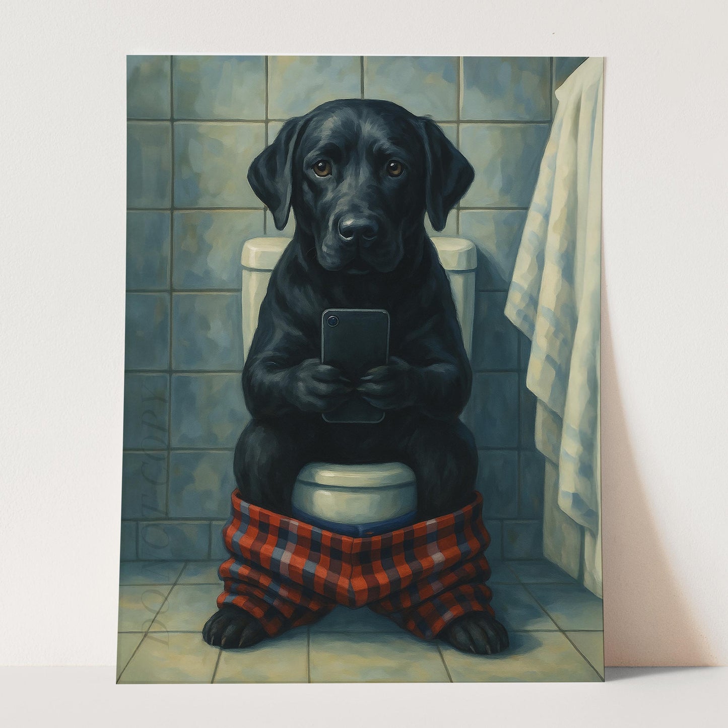 Black Labrador Retriever On The Toilet On The Phone