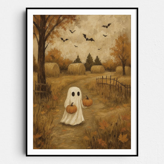 Ghost In Autumn Field With Pumpkins