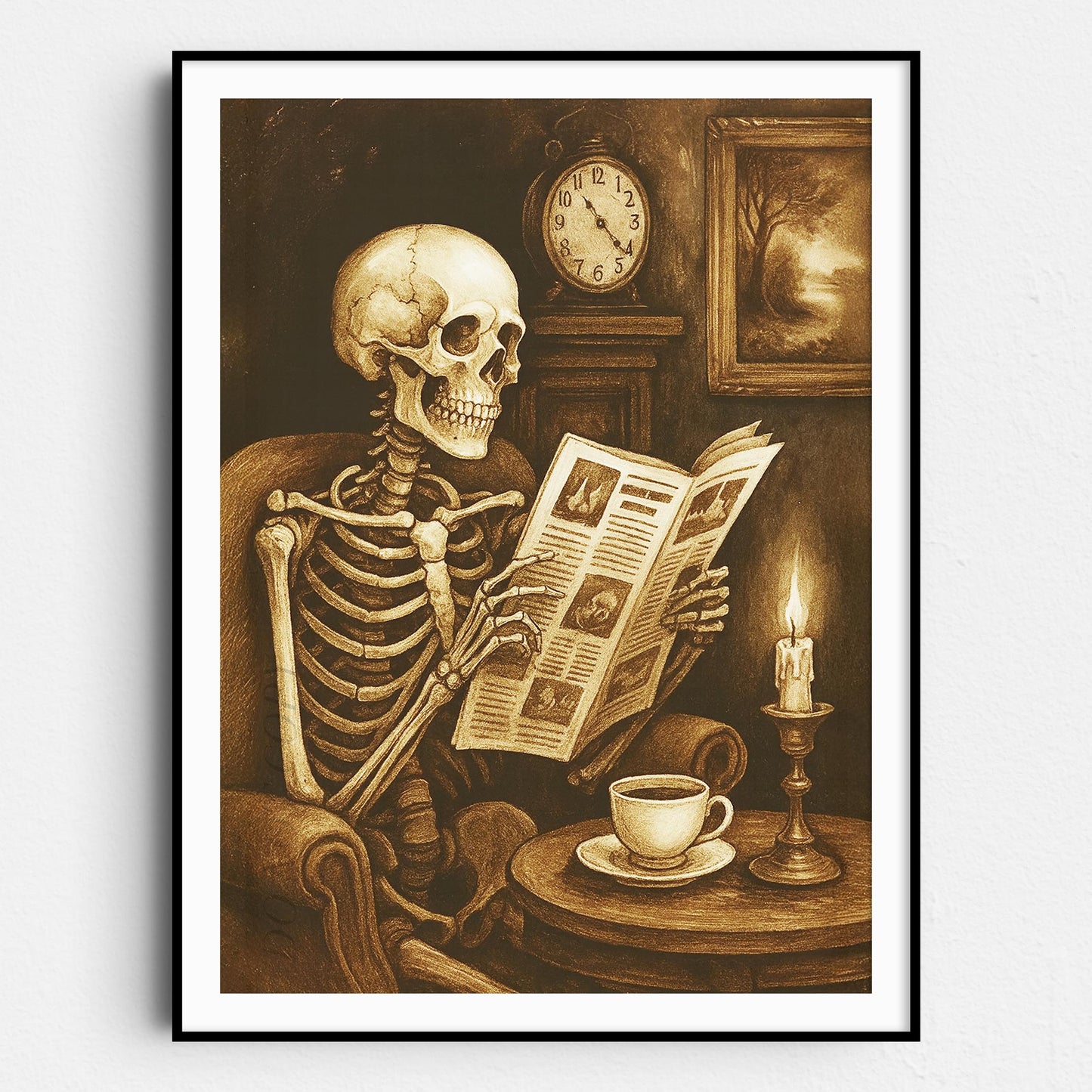 Skeleton Reading The Newspaper With A Coffee