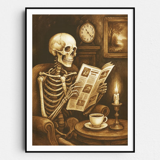 Skeleton Reading The Newspaper With A Coffee