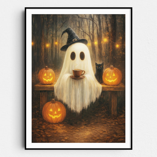 Ghost With A Coffee And Black Cat In The Forest