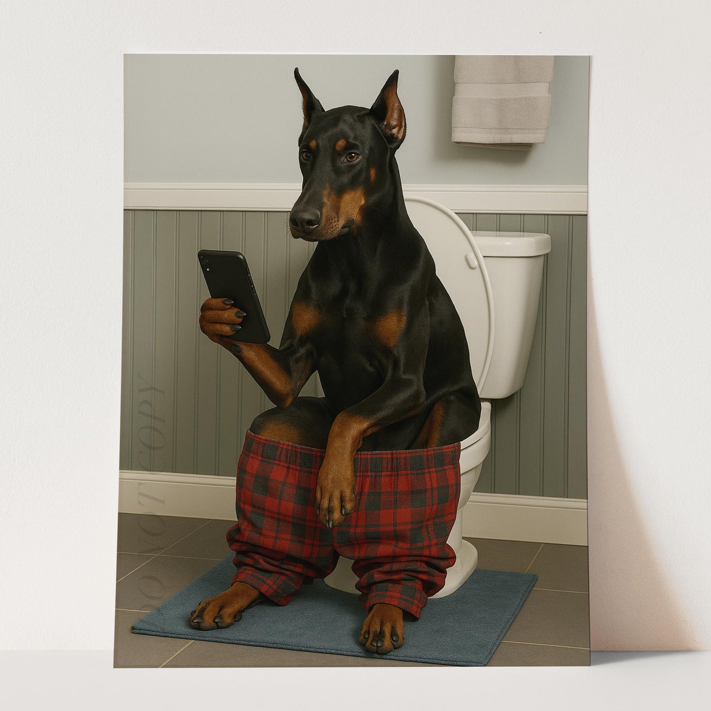 Doberman On The Toilet On The Phone