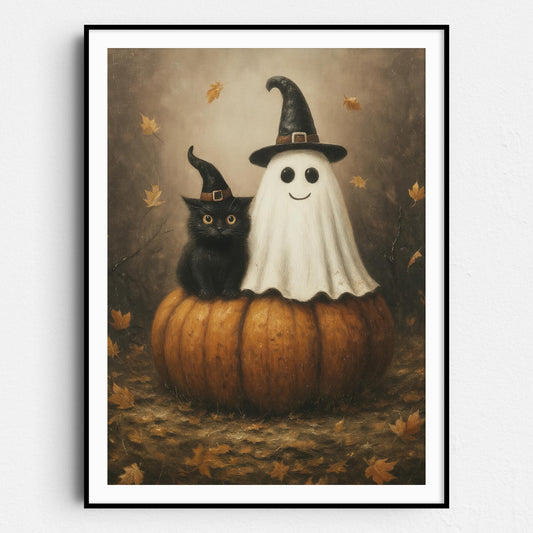Ghost And Black Cat On A Giant Pumpkin