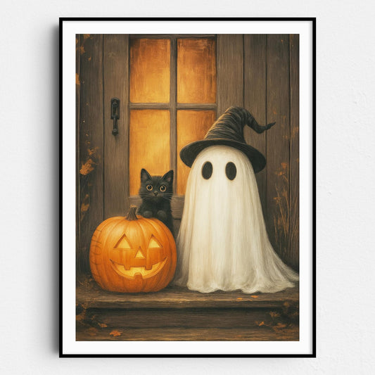 Ghost With A Black Cat And Pumpkin