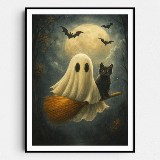 Ghost And Black Cat On A Broomstick