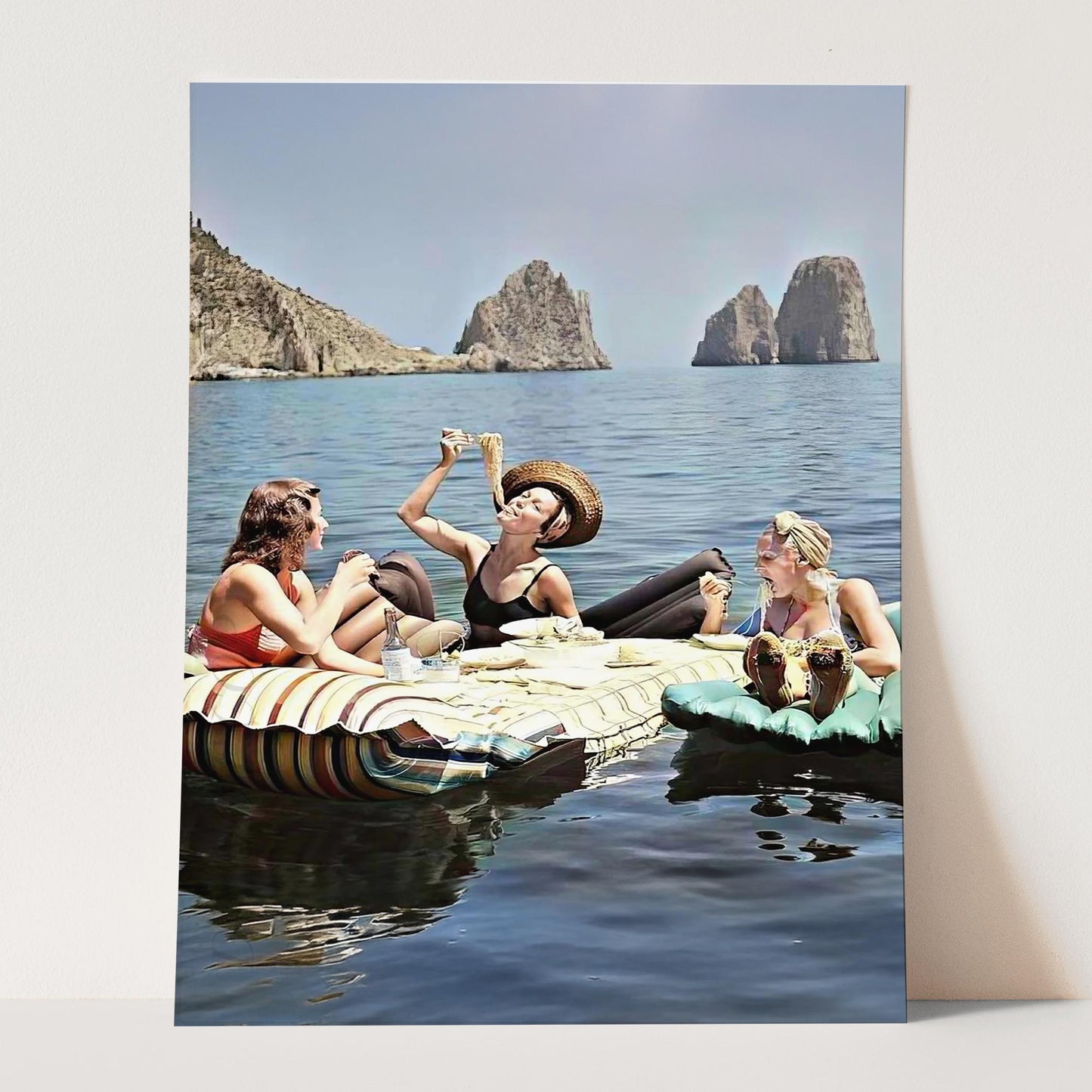 Floating Luncheon Three Women Eat Spaghetti on Lake of Capri 1939