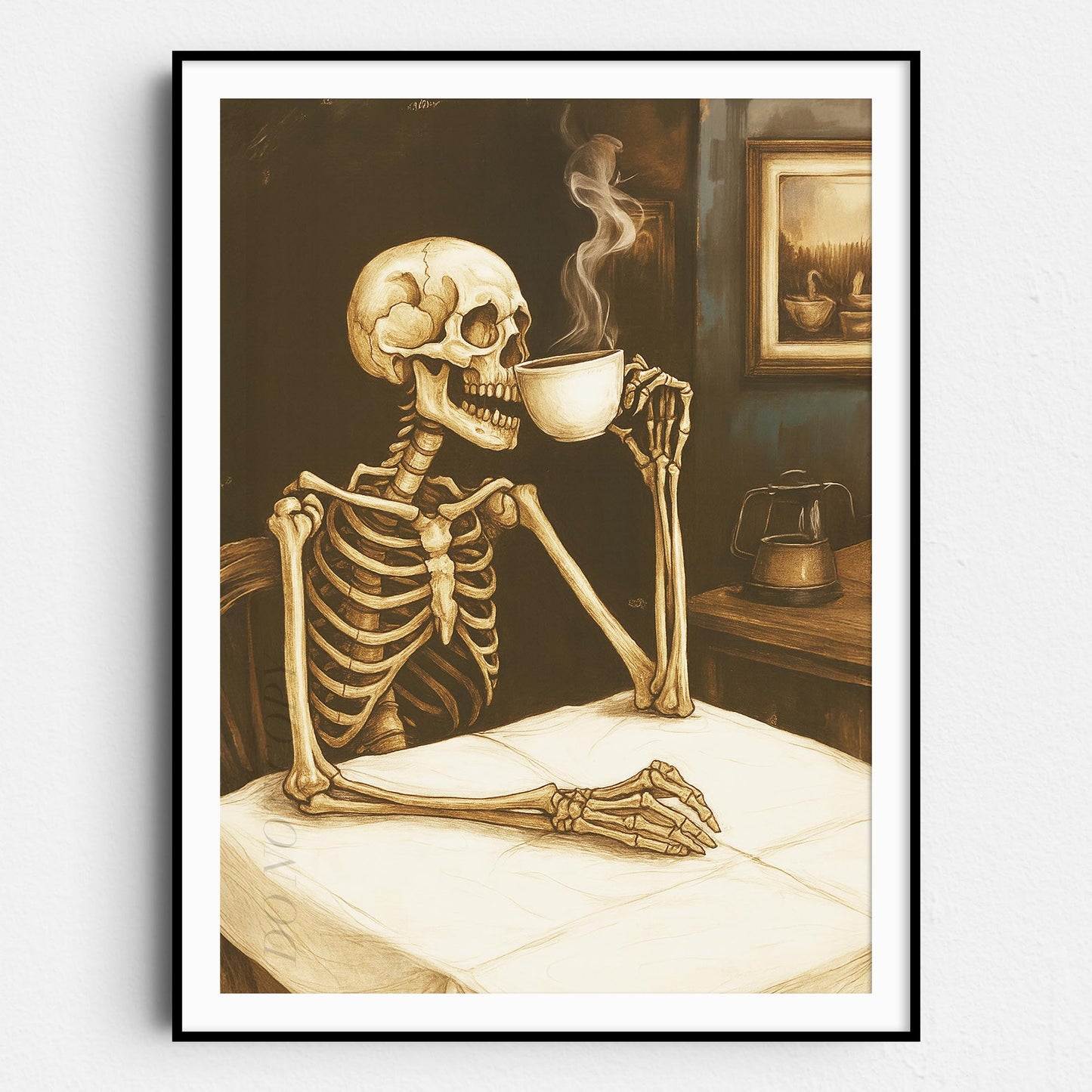Skeleton Reading The Newspaper With A Coffee