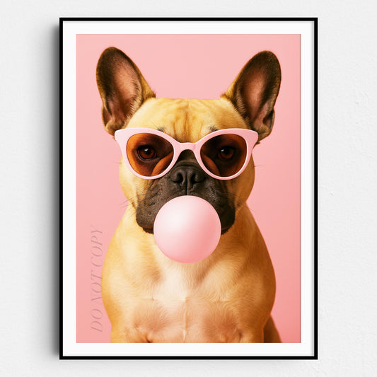 French Bulldog Pink Sunglasses Blowing Bubble Gum