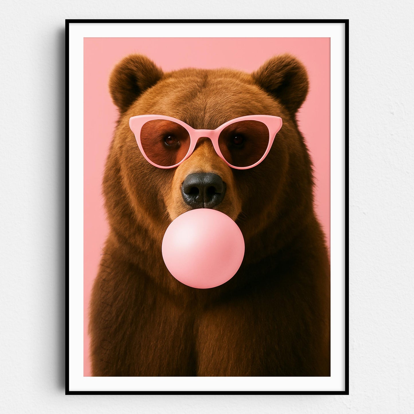 Brown Bear With Sunglasses Blowing Pink Bubble Gum