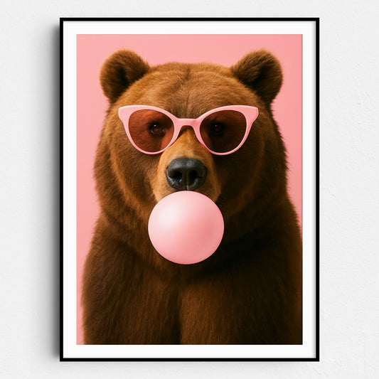 Brown Bear With Sunglasses Blowing Pink Bubble Gum