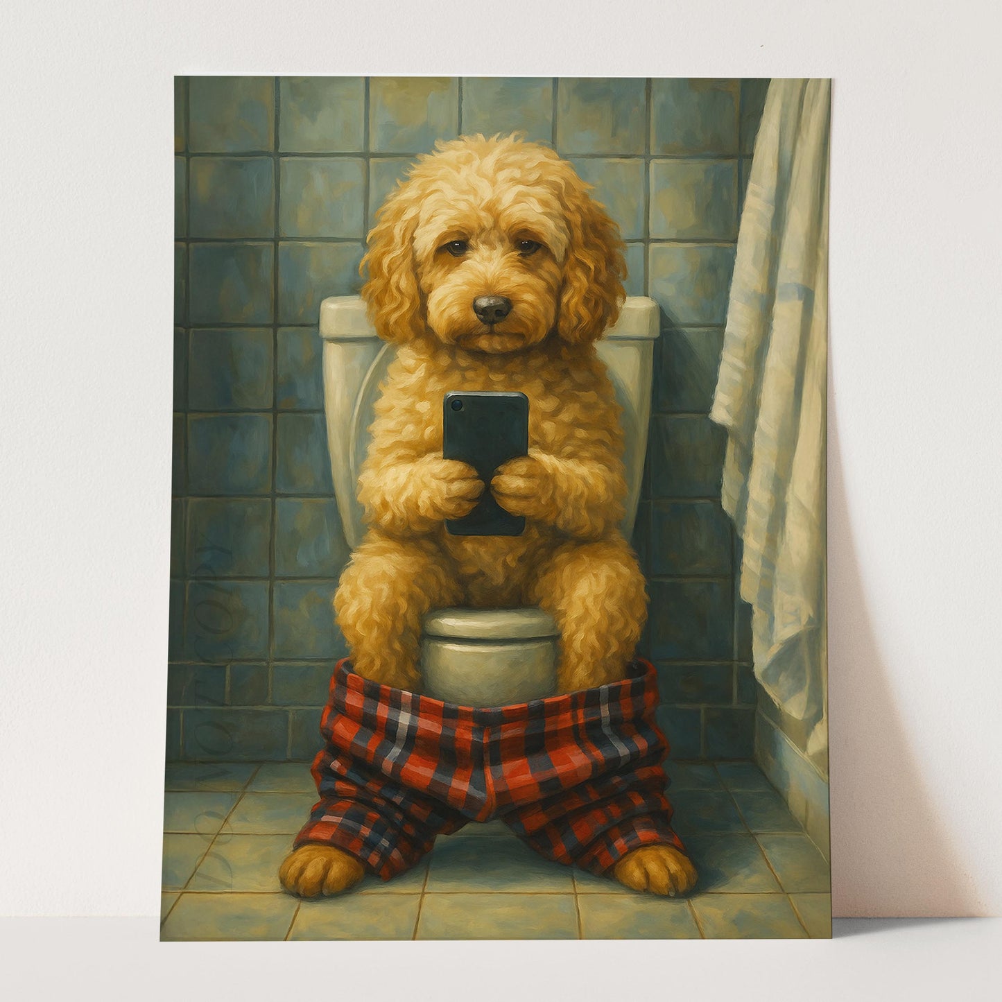 Cockapoo On The Toilet On The Phone