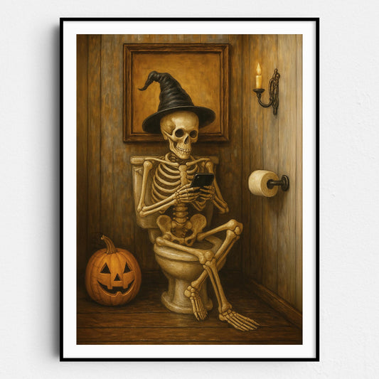 Halloween Skeleton On The Phone On The Toilet