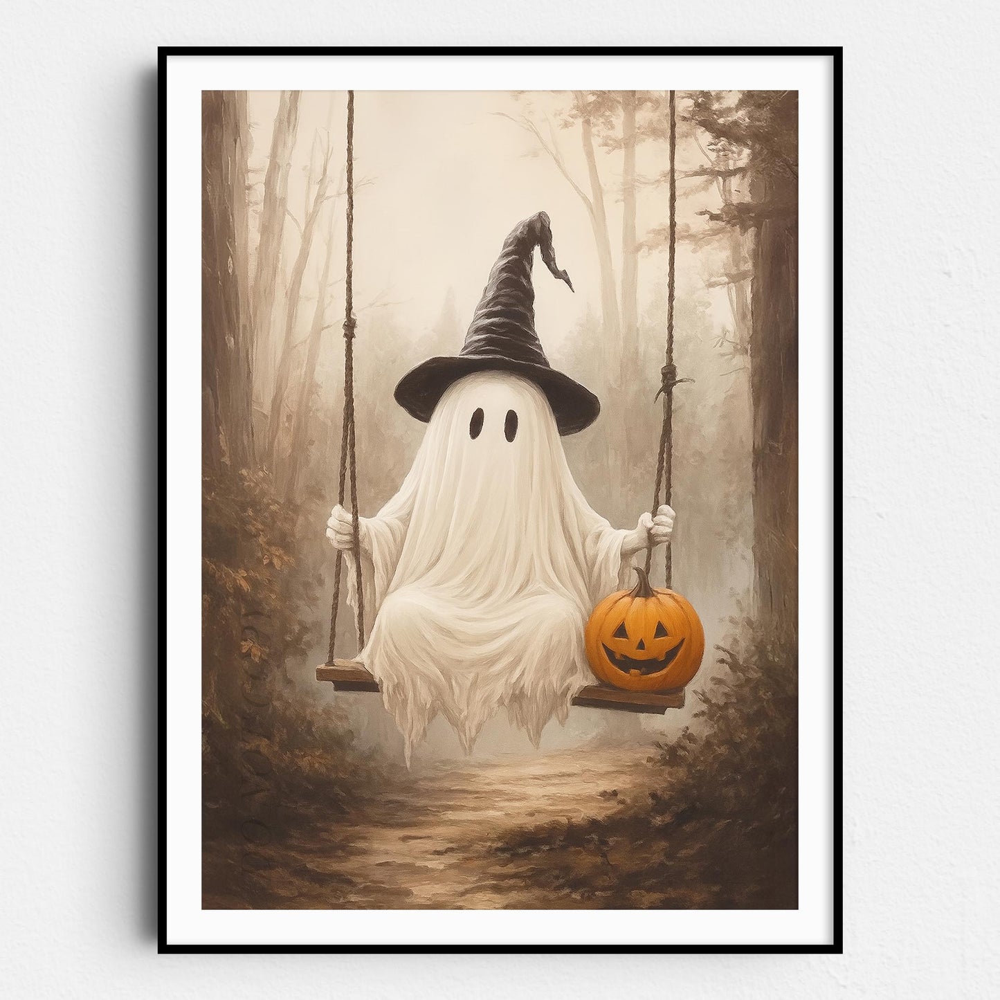 Ghost On A Swing With A Pumpkin