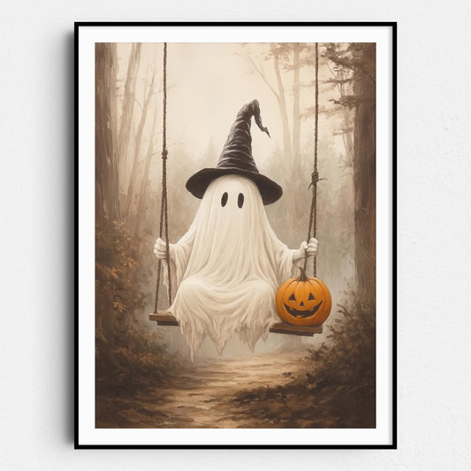 Ghost On A Swing With A Pumpkin