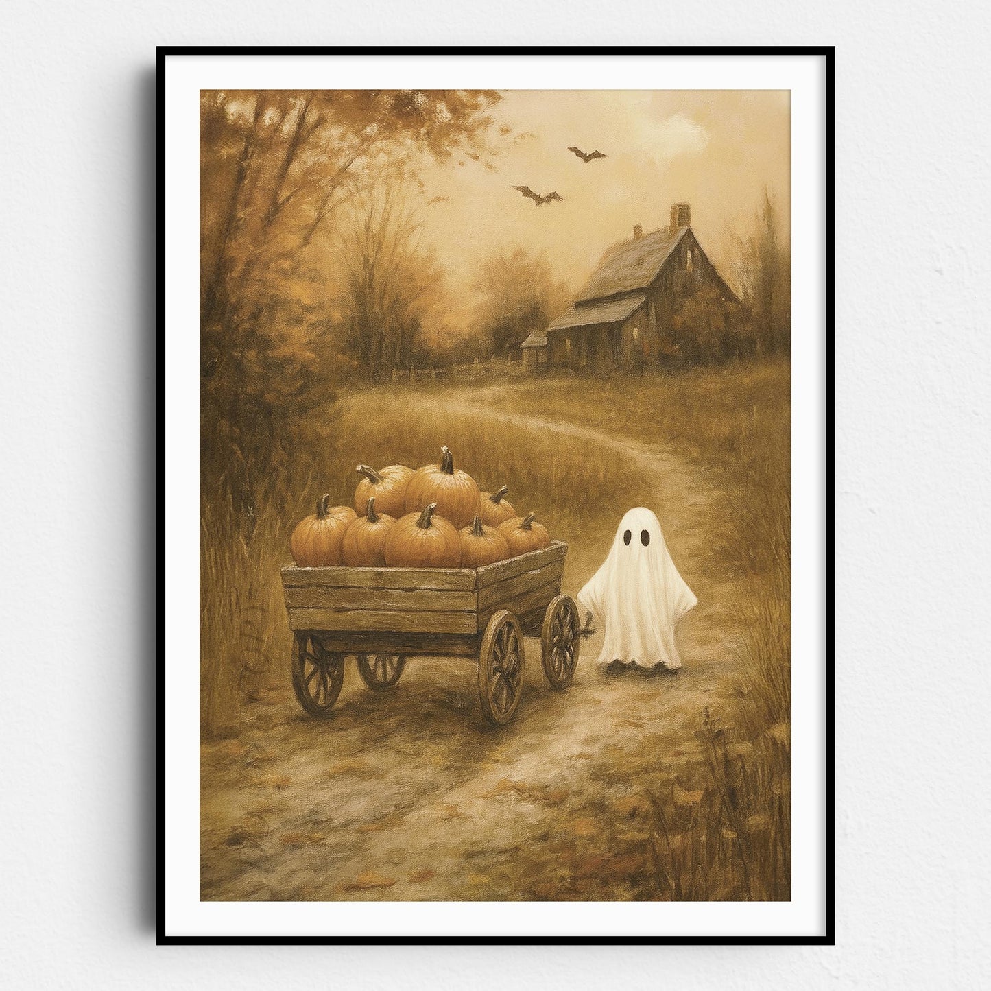Ghost With Pumpkins In Fall Field