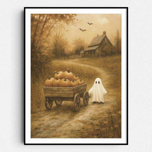 Ghost With Pumpkins In Fall Field