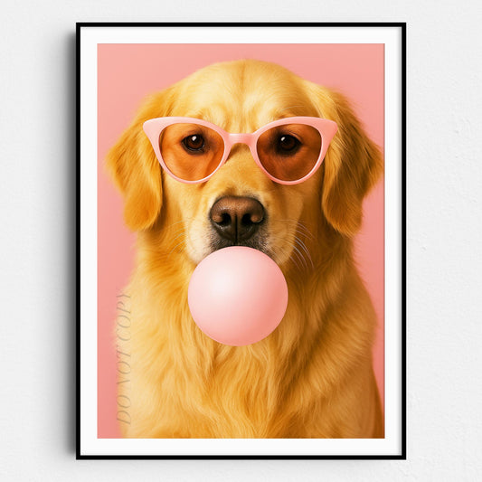 Golden Retriever Pink Sunglasses Blowing Bubble Gum