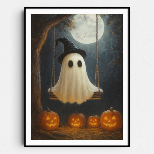 Ghost On A Swing With Pumpkins And Full Moon