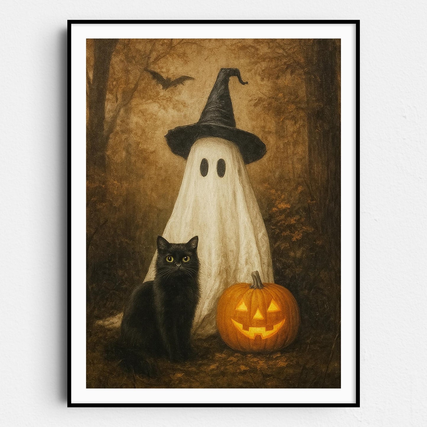 Ghost With A Black Cat And Pumpkin In The Forest